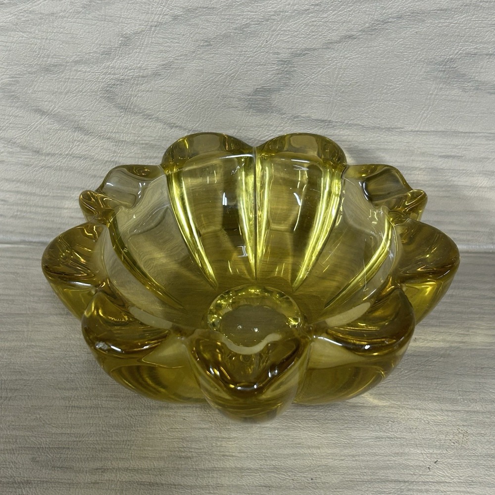 Yellow Amber Glass Flower Ashtray Trinket Dish MCM VTG use as a Candle Holder